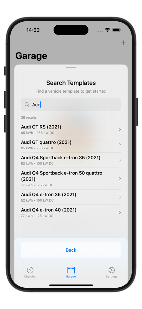Kilowatt – Electric Car Timer - A mobile interface of the Kilowatt app showing a search for Audi electric vehicle templates in the garage section.