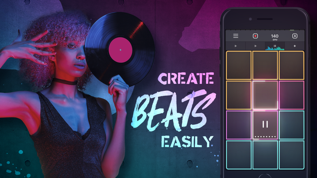 Tap2Beat - Drum Pad Machine - Tap2Beat drum pad machine app interface on a smartphone screen with the text Create Beats Easily