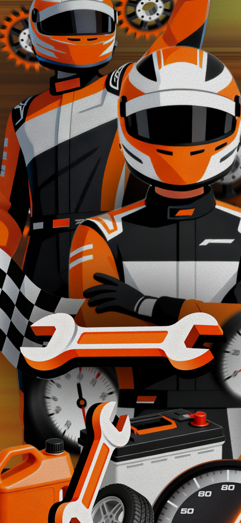 GG: Gas Grip - Illustration showing racers in gear alongside car maintenance tools and racing instruments.