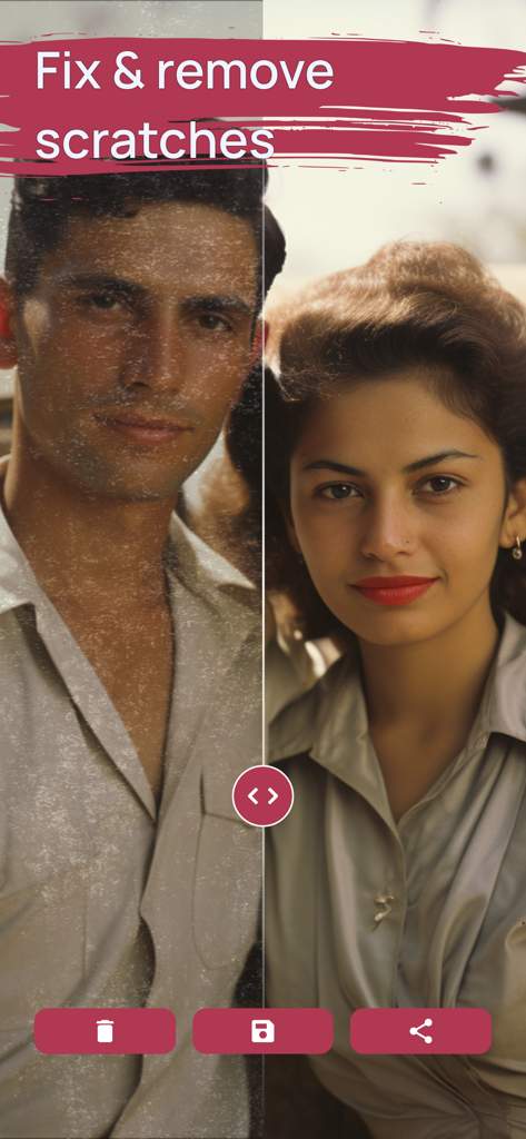 FixMyPics - Restore Old Photos - 古い家族写真の傷やノイズの除去を示すビフォーアフター比較