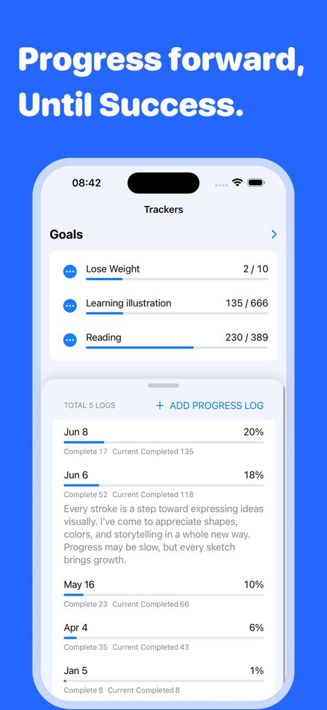 Mindkit-keep things organized - Interfaz de la aplicación Mindkit que muestra objetivos personales como la pérdida de peso y la lectura con registros de progreso detallados en un iPhone