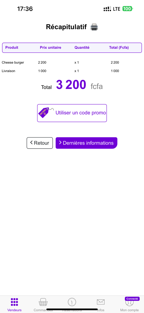 Direct GO - Direct GO 앱의 주문 요약 화면에 fcfa 단위 총 가격으로 햄버거 배달이 표시됩니다.