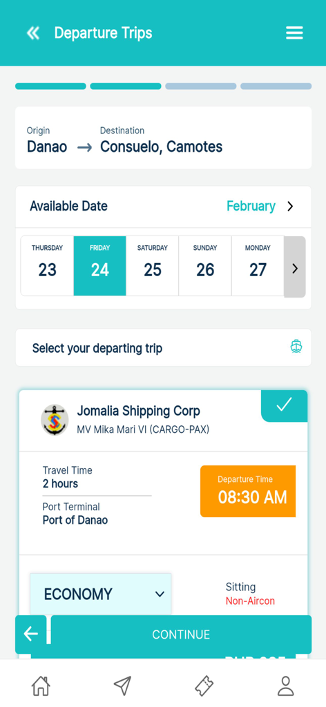 BARKOTA Ticket Booking - Barkota app interface showing ferry schedules and ticket booking details from Danao to Consuelo Camotes.