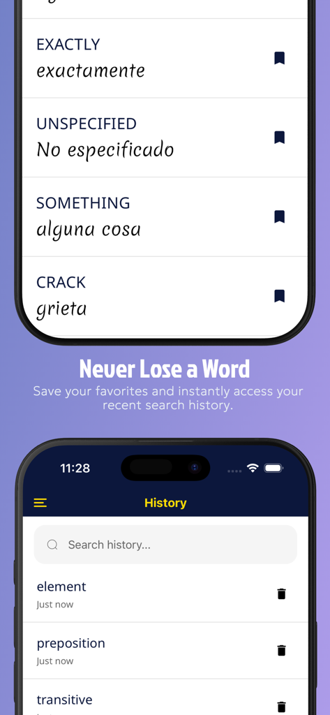 Spanish Dictionary: Translate+ - Interface of Spanish Dictionary Translate plus showing bookmarked words and search history