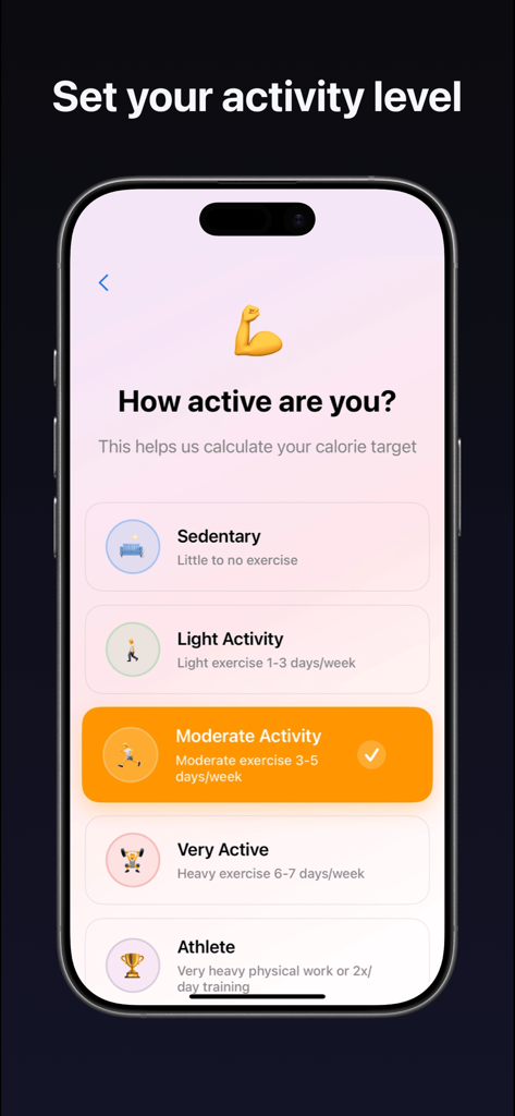 Portio AI - A mobile screen from Portio AI app where users can select their daily activity level from sedentary to athlete.