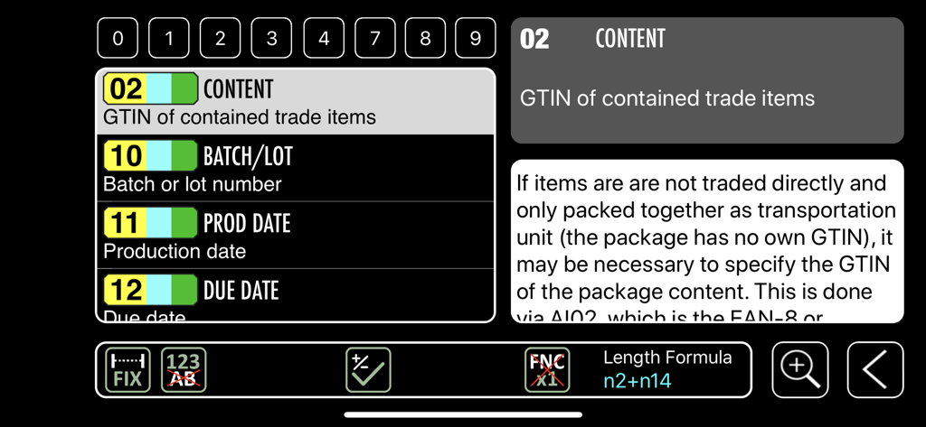 Interfaccia dell'app Controllo Codici a Barre che mostra codici identificatori GS1 tecnici per contenuto prodotto e tracciamento lotti