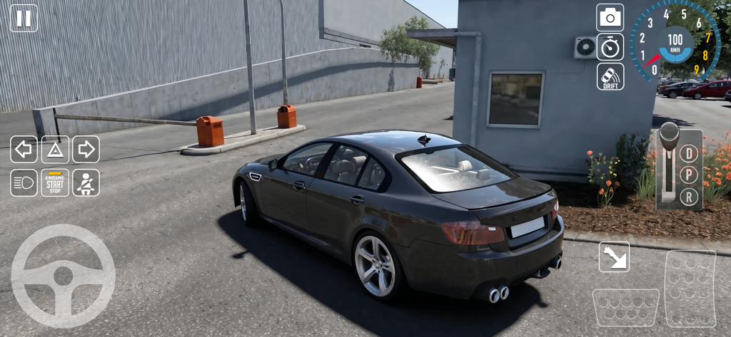 Mobile gameplay of Car Simulator Multiplayer 2026 featuring a grey sedan and realistic driving interface.