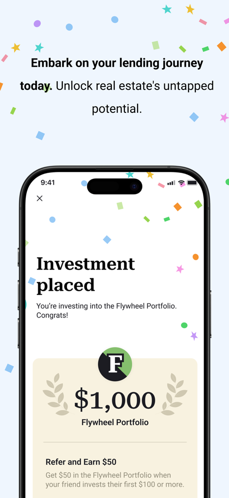 Groundfloor: Invest In Homes - Groundfloor mobile app screen showing a successful one thousand dollar investment in the Flywheel Portfolio