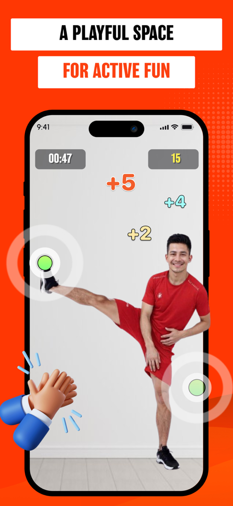 Rope Skipping - AI Counter - A man performing a high kick workout using an AI-powered fitness game on a mobile app.