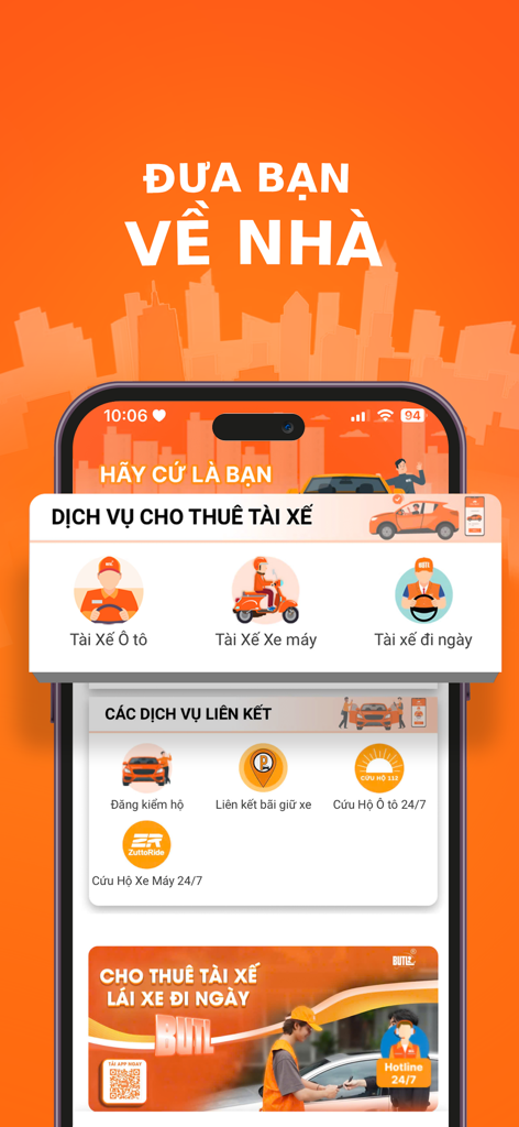 Home screen of the BUTL app showing options for hiring professional car and motorbike drivers