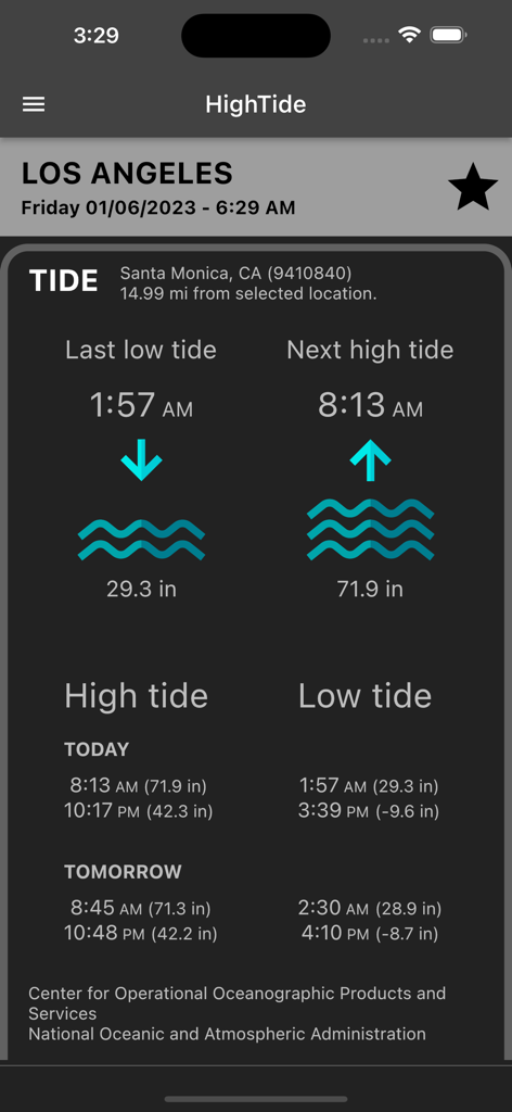 Aplicativo HighTide mostrando níveis de maré atuais e previsão para Los Angeles com dados da NOAA