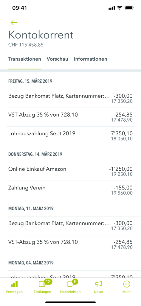 ABSモバイルバンキングアプリの取引履歴画面、最近の銀行口座アクティビティのリストを表示