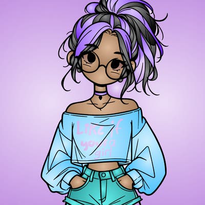 girl with a messy ponytail glasses a baggy crop top and jean shorts