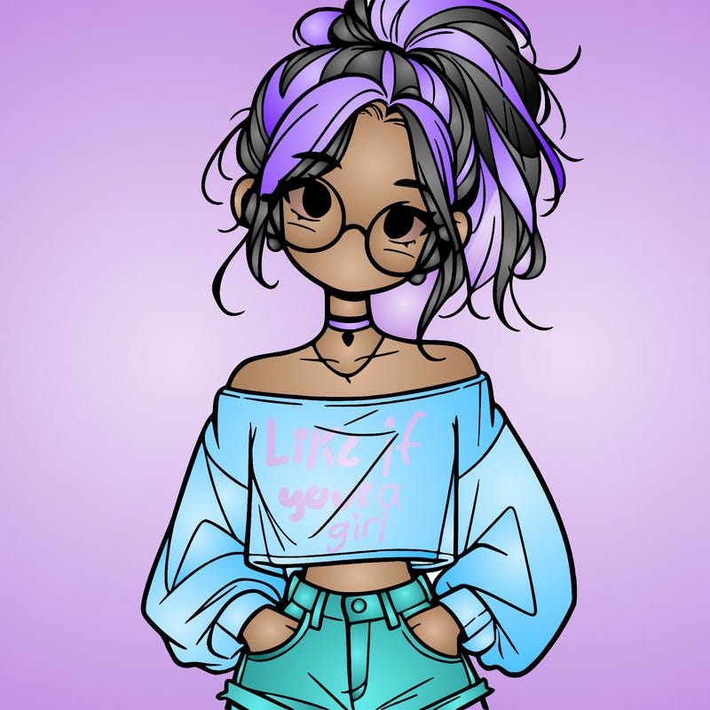 girl with a messy ponytail glasses a baggy crop top and jean shorts