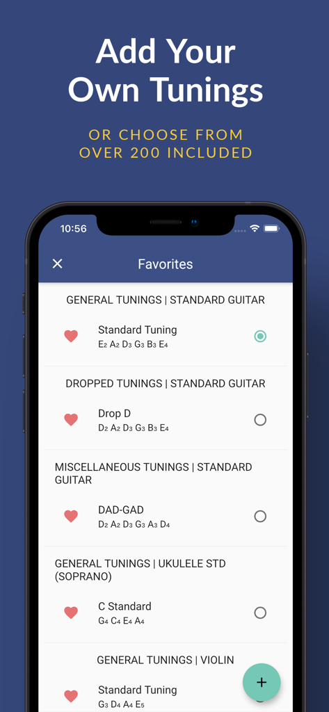 Pro Guitar Tuner - L'écran des favoris montrant une liste d'accordages de guitare et d'instruments dans l'application Pro Guitar Tuner.