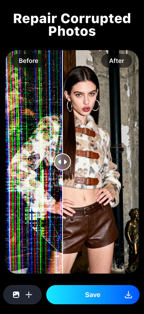 Repairit - AI Photo Enhancer - Comparison of a corrupted digital photo with noise versus a restored clear portrait using AI