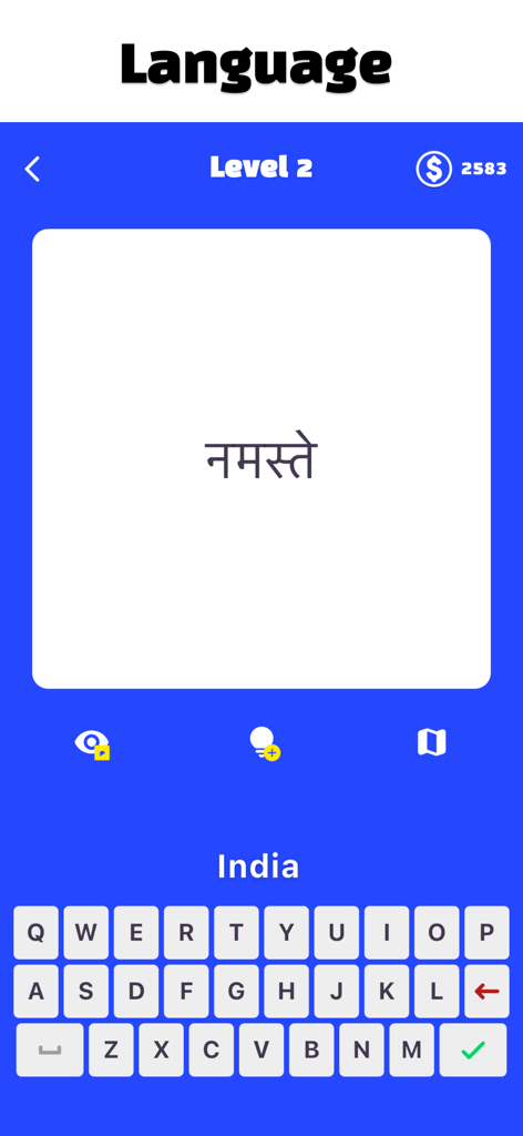 Schermata dell'app World Quiz che mostra una sfida di identificazione linguistica per l'India con la parola Namaste