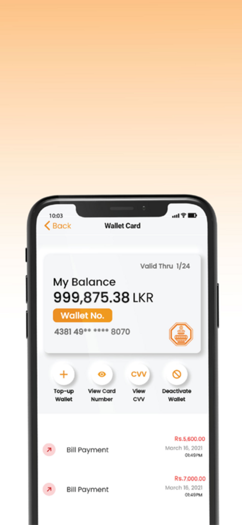 Sampath Wepay mobile app interface showing wallet balance and bill payments