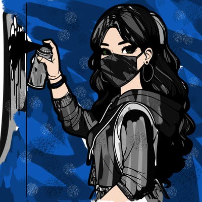 realistic girl with mask spray painting a wall