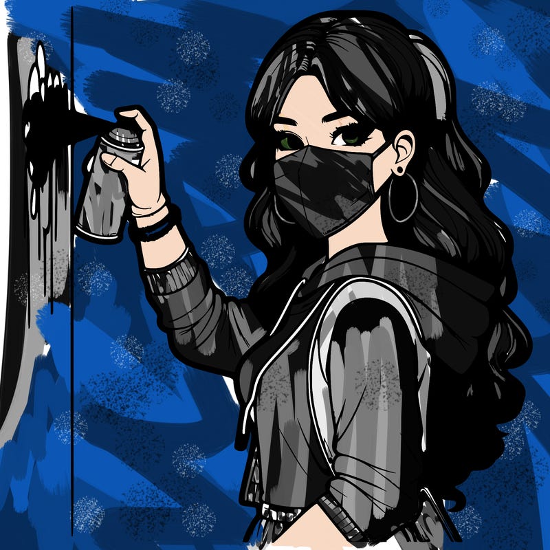 realistic girl with mask spray painting a wall