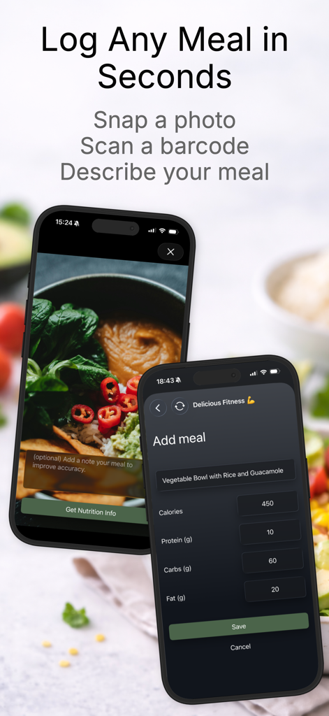 Delicious Fitness - Delicious Fitness app interface showing meal logging via photo and macro tracking for a vegetable bowl