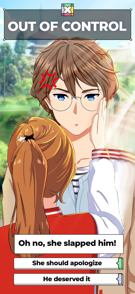 ChatLinx Otome Text Story Game - Dramatic anime scene in ChatLinx Otome game with choices for how to handle a conflict