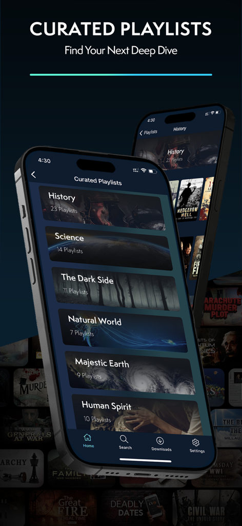 MagellanTV Documentaries - Pantalla de la aplicación MagellanTV mostrando listas de reproducción curadas de documentales de historia, ciencia y naturaleza