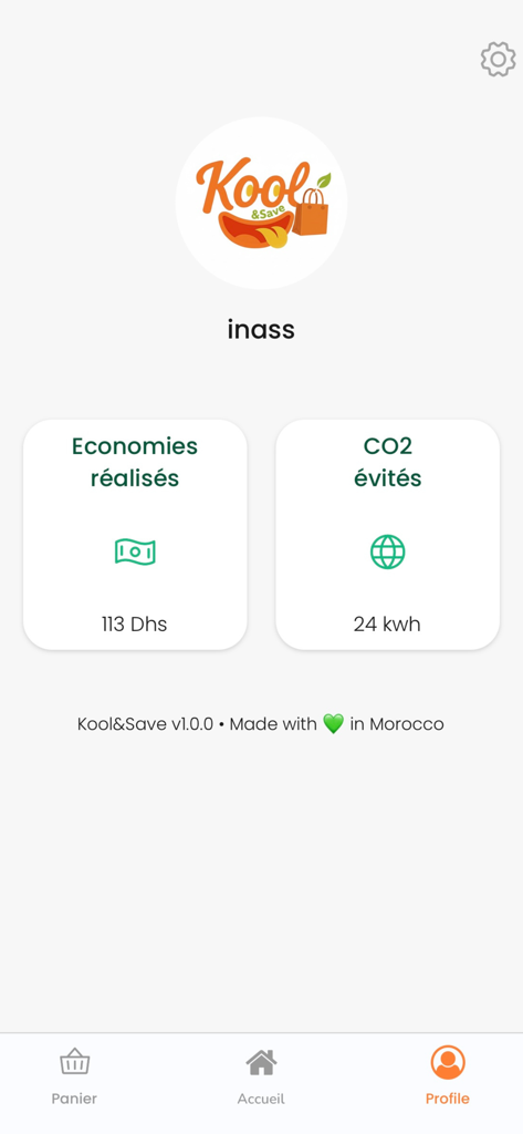 Kool and Save App Profilseite, die die Ersparnisse des Benutzers und vermiedene CO2-Emissionen zeigt