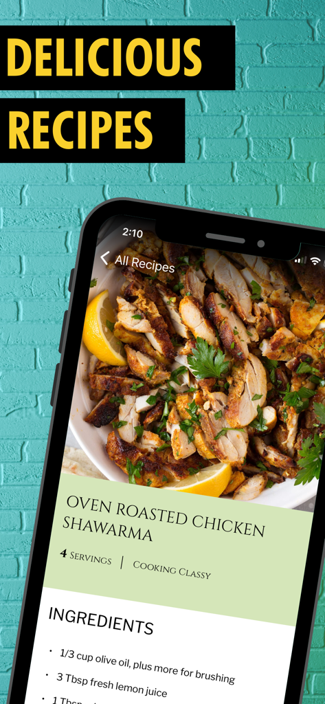 Half Lemons: Recipe Generator - Half Lemons app interface displaying an Oven Roasted Chicken Shawarma recipe screen with ingredients list.