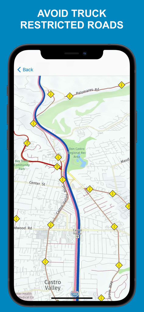 Map interface of Road Hunter app highlighting truck restricted roads and weight limits