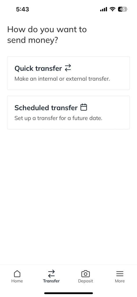 Georgetown Alumni & Student CU - Georgetown Alumni and Student Credit Union mobile app interface showing options for quick or scheduled money transfers