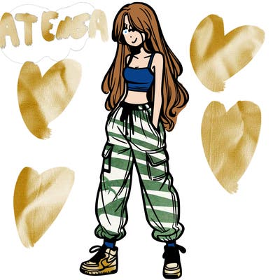 girl in baggy pants crop top and long hair