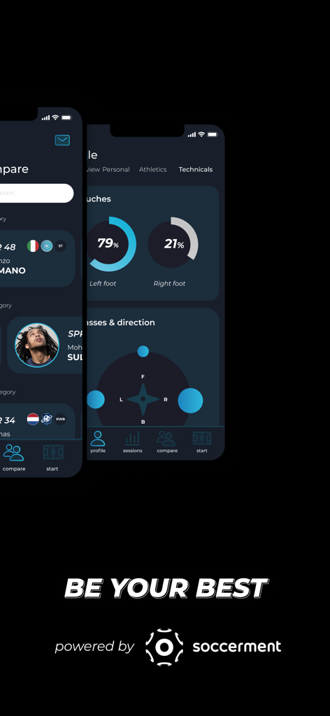 XSEED - Dos pantallas móviles que muestran métricas de rendimiento de la aplicación XSEED, incluyendo toques de balón y dirección de pase, con el lema 'Sé tu mejor versión'