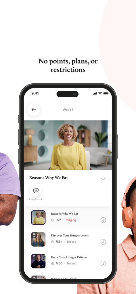 iPhone displaying Wondr Health app video lessons about eating behaviors and hunger patterns
