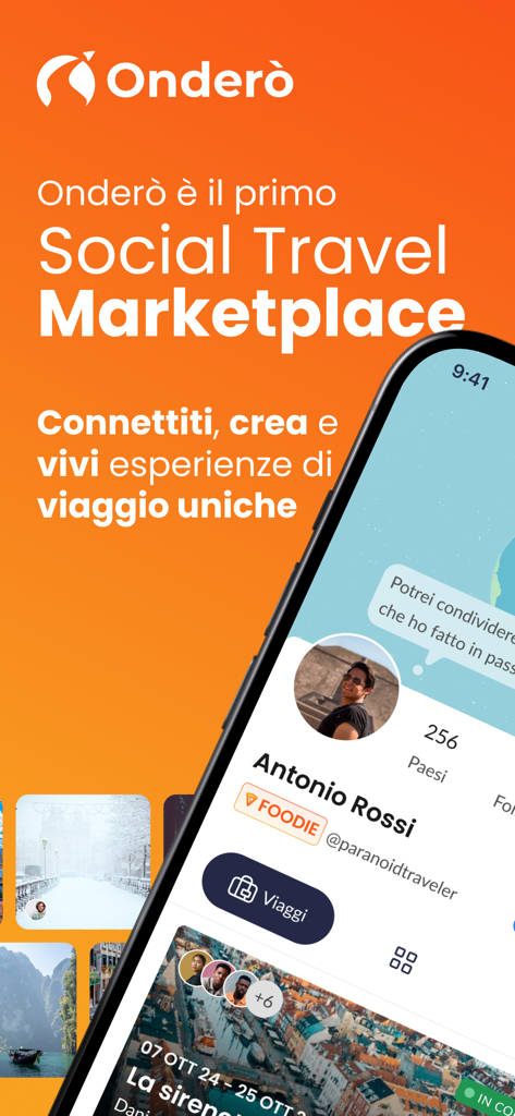 Onderò - Smartphone screen showing the Onderò app interface with a travel creator profile and destination photos