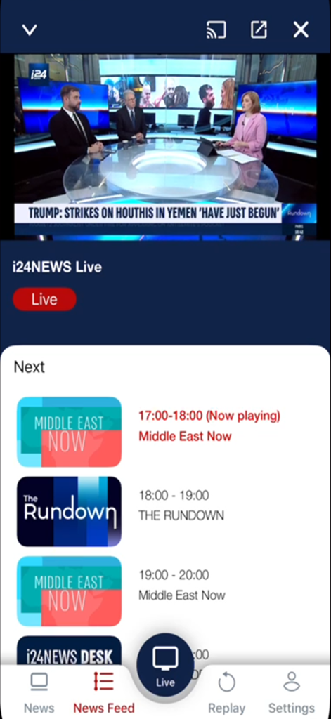i24NEWS mobile app interface showing a live news broadcast and upcoming program schedule