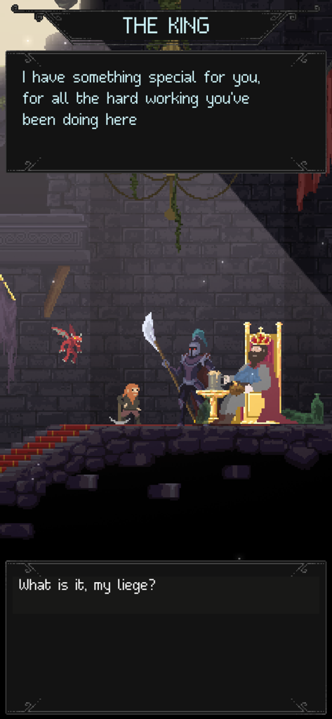 Dungeons & Miners - Pixel art screenshot of a dialogue between the player character and the King in a castle