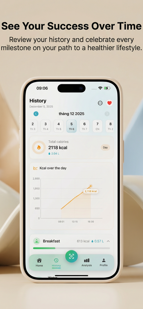 Nutrix AI: Calories Tracker - La app Nutrix AI mostrando la pantalla de historial con un gráfico de ingesta calórica diaria y un resumen del progreso nutricional.