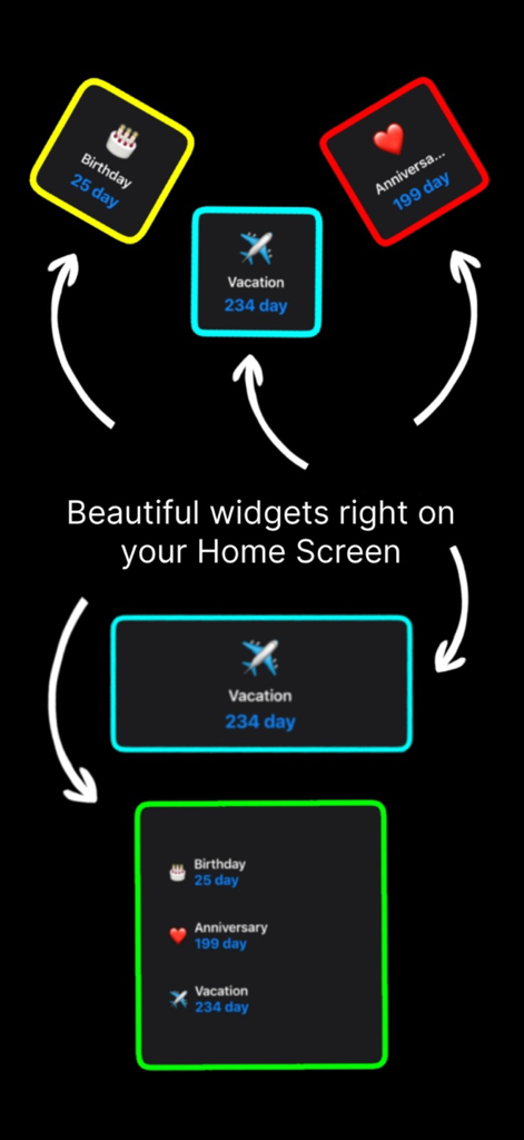 CountDownIt - Countdown App - Eine Vielzahl von bunten und eleganten Countdown-Widgets für den iPhone Home-Bildschirm, die Ereignisse wie Geburtstage, Jahrestage und Urlaube verfolgen.