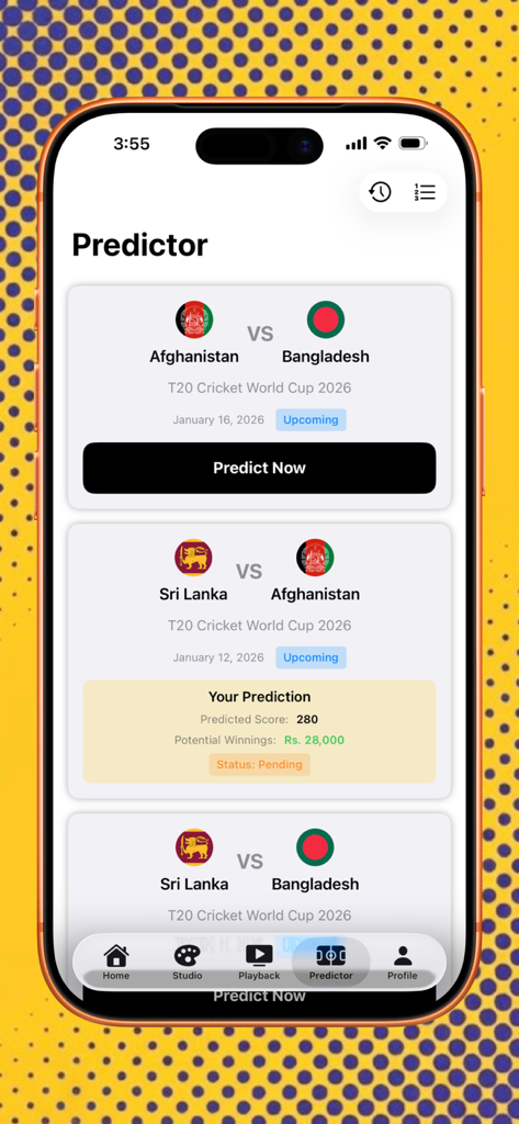 Moose Fans app predictor screen displaying upcoming T20 Cricket World Cup matches and score prediction options.