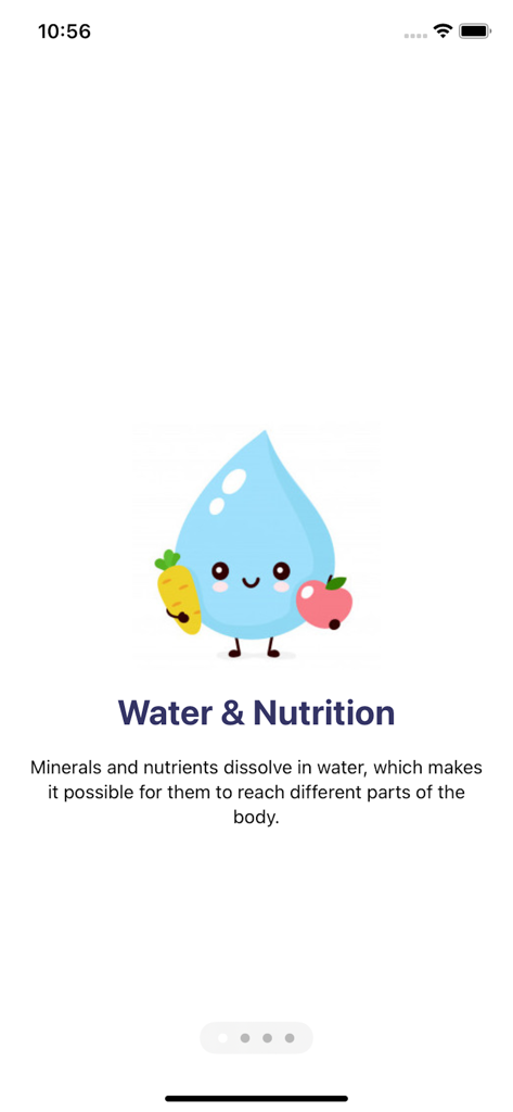 Educational screen of the Water Reminder app showing a cartoon water drop character and information about water and nutrition.