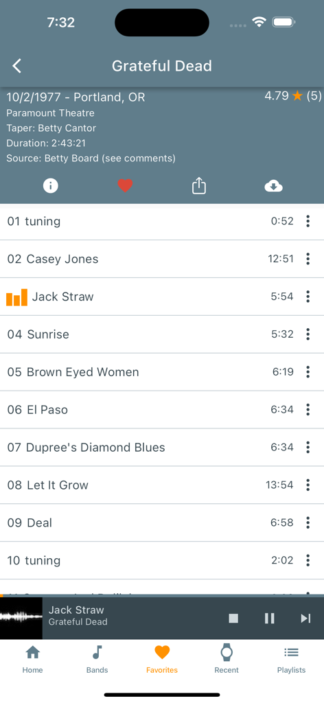 Taper's Section - Tapers Section mobile app displaying a Grateful Dead live concert tracklist with playback controls