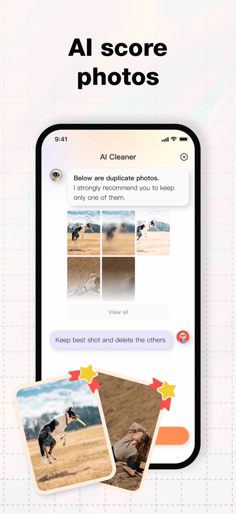AI Cleaner app interface showing a chat bot suggesting to delete duplicate photos and keep the best shot