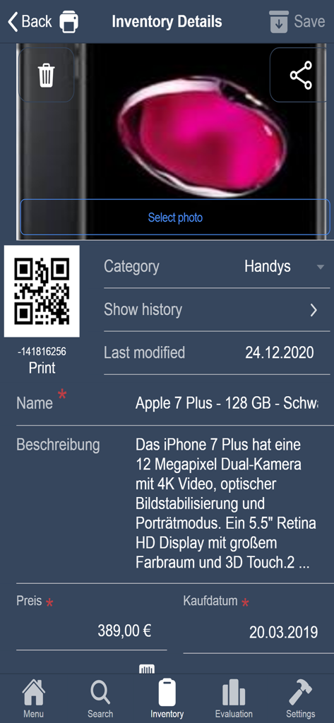 A detailed product view screen in the HITS Inventory Manager app showing item information and a barcode.