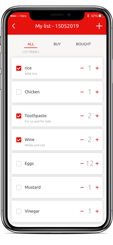 Super Vero - Super Vero app shopping list screen showing grocery items and quantities