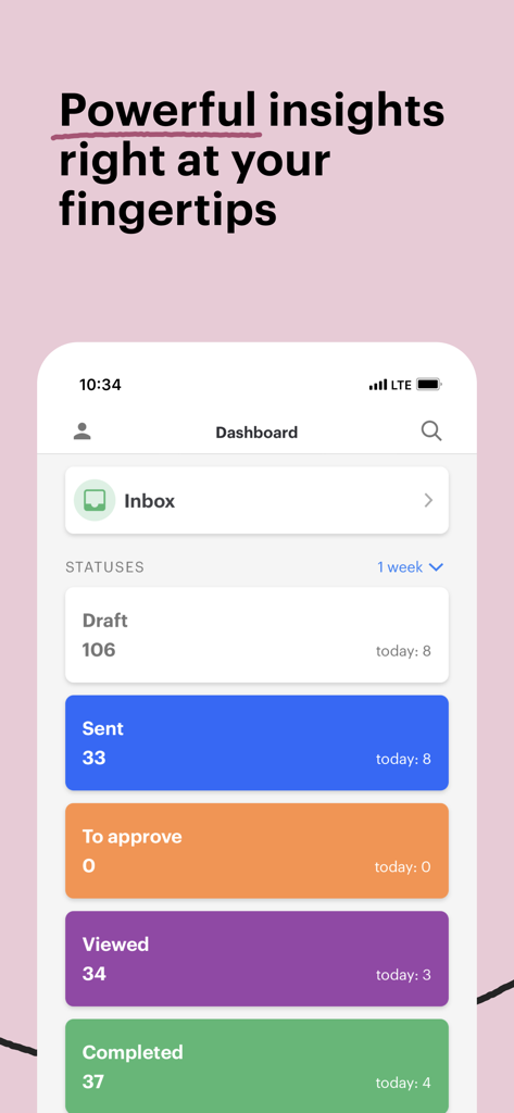 PandaDoc - Create & Send docs - PandaDoc mobile dashboard showing the status and analytics of business documents