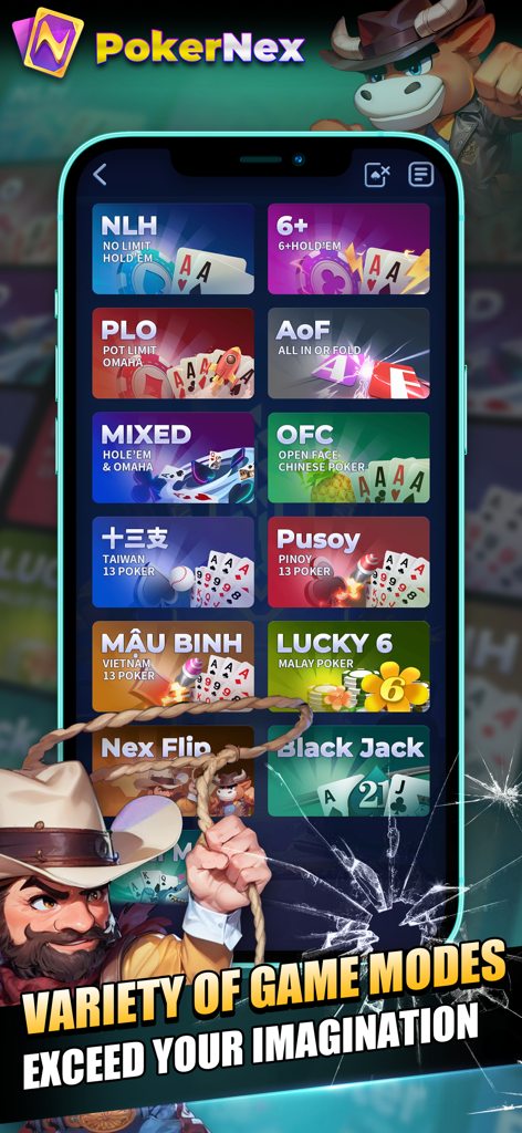 PokerNex - Interfaccia dell'app mobile PokerNex che mostra varie modalità di gioco di carte tra cui NLH PLO e OFC
