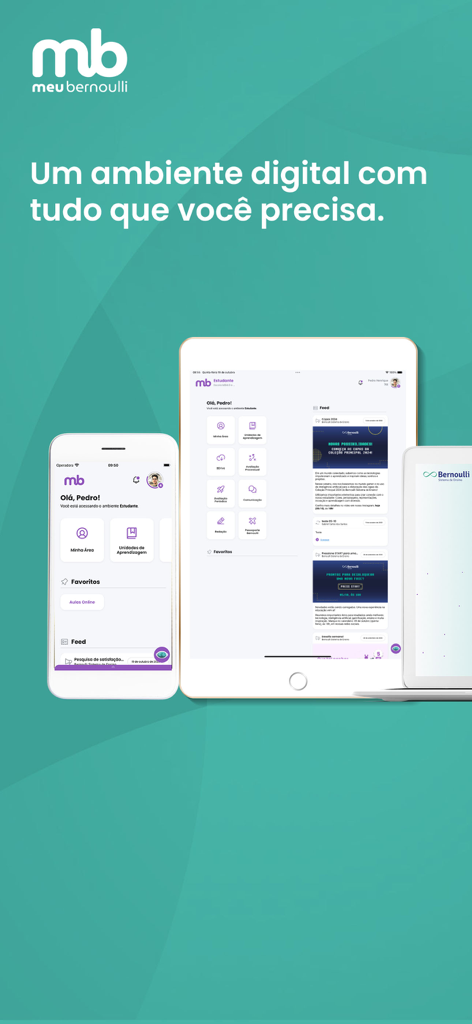 Meu Bernoulli 4.0 - The Meu Bernoulli 4.0 educational platform interface displayed across a smartphone tablet and laptop