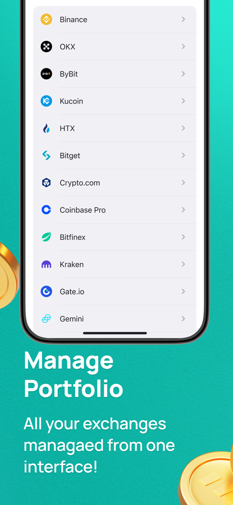 3Commas: Crypto Trading Tools - Un'interfaccia mobile che elenca più exchange di criptovalute supportati per la gestione unificata del portafoglio nell'app 3Commas