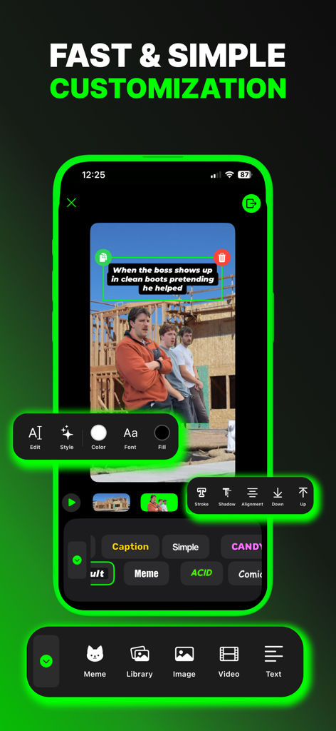 Mobile app interface for customizing text and styles on a meme video template